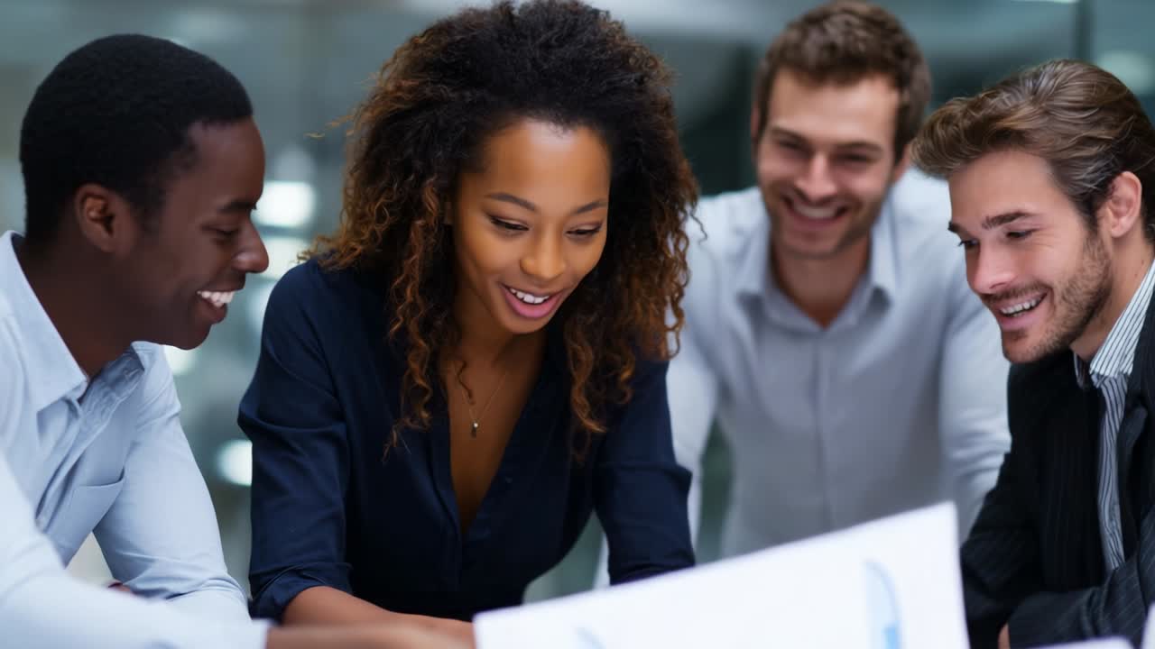 A group of four young professionals deeply engaged in an interactive session, showcasing collaboration, creativity, and enthusiasm as they analyze charts and documents together in a modern office environment