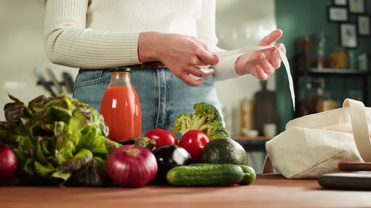 Woman checking grocery receipt in kitchen