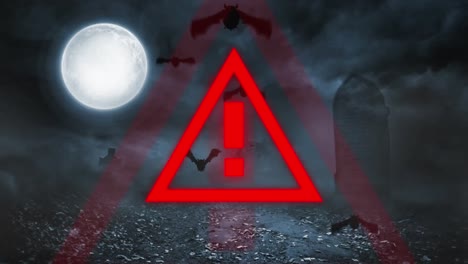 animación de murciélagos volando con señal de advertencia de triángulo rojo y cielo tormentoso en el fondo