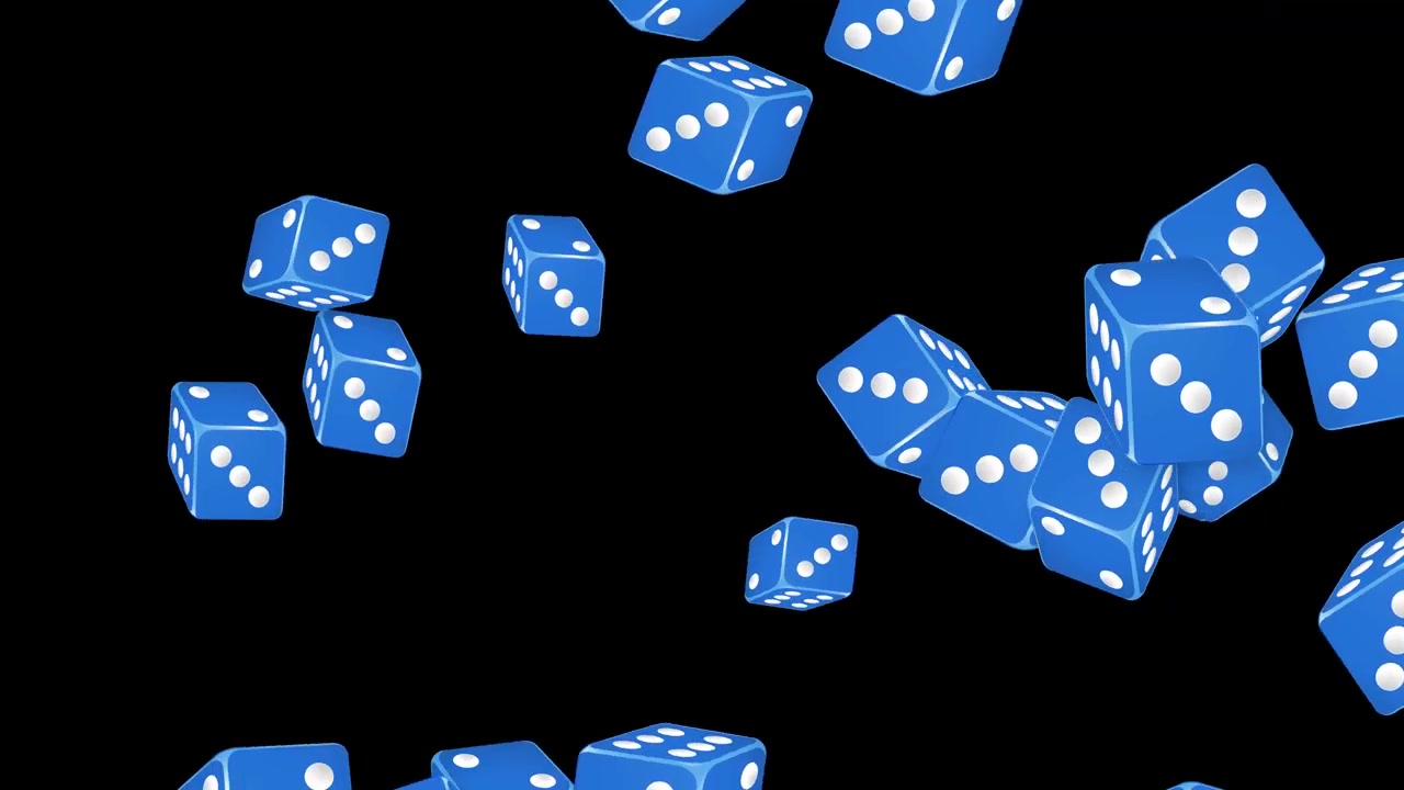 Numerosi dadi da gioco blu cadono e ruotano attraverso lo spazio buio con un movimento 3D dinamico