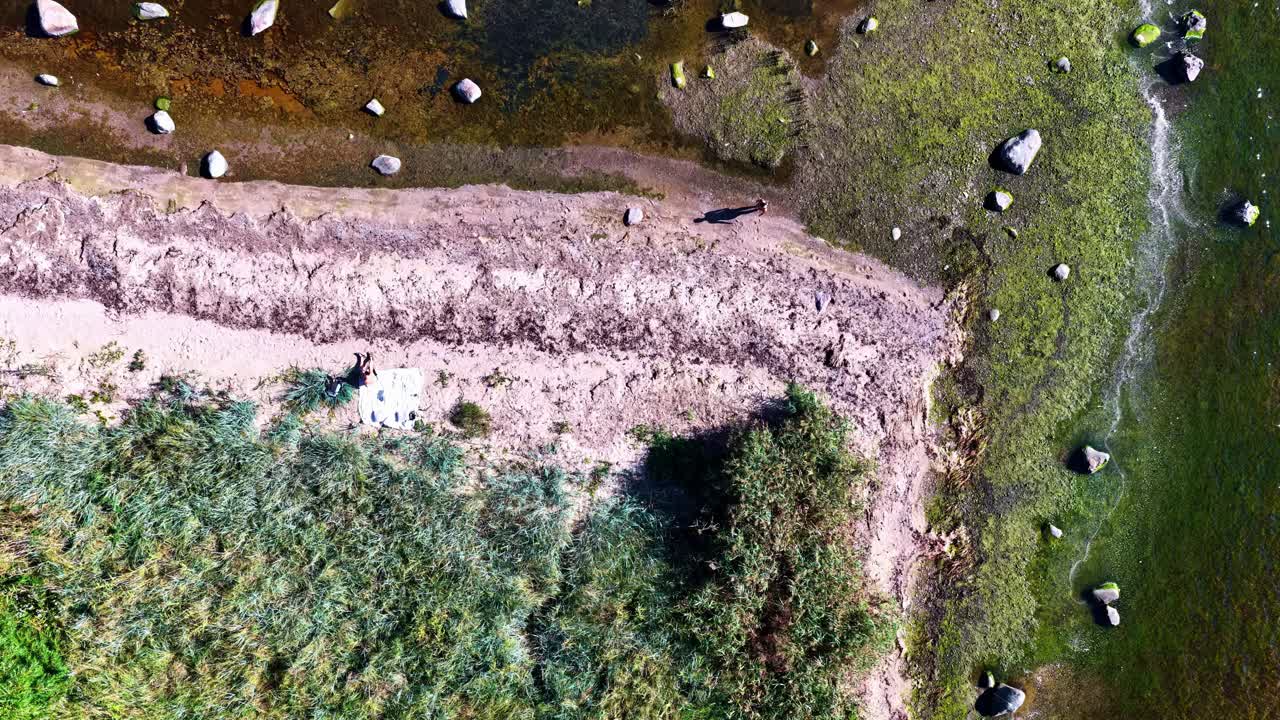 Vista aérea superior de uma pessoa relaxando em uma praia selvagem de areia com grama.