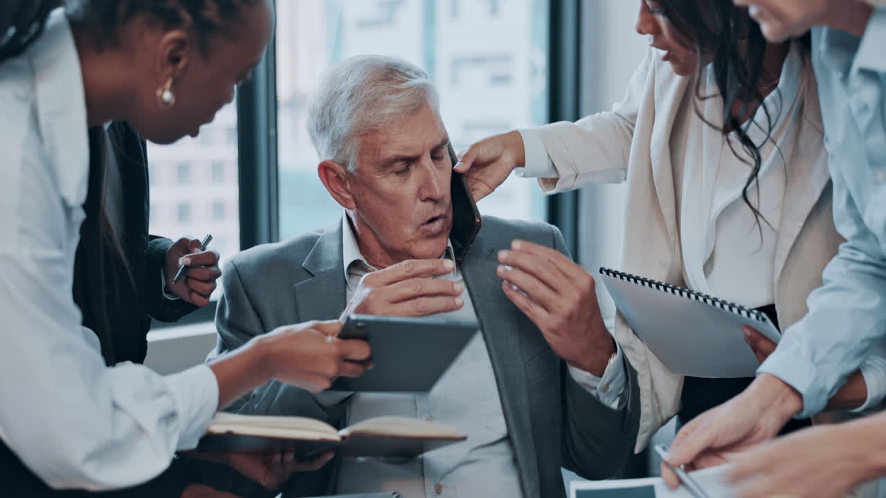 Phone call, chaos and man stress with business