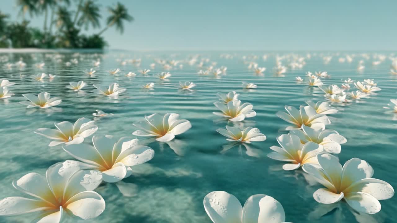 A Serene Seascape with Floating Plumeria Flowers Amidst a Calm Waterscape and Tropical Palms in the Background Capturing Nature's Tranquility
