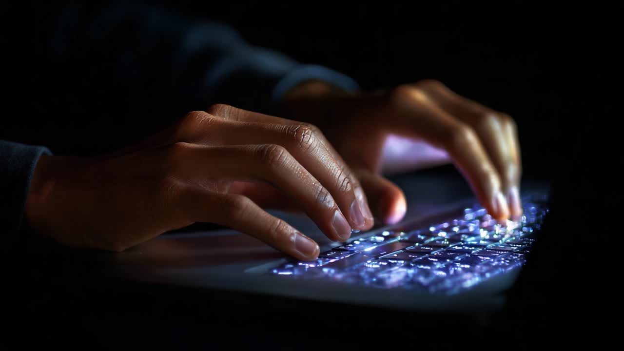 Illuminated Keyboard: Close-up of Hands Typing on a Laptop at Night, Emphasizing Technology, Focus, and Concentration in a Dark Environment, Showcasing the Interaction with Light and Shadows