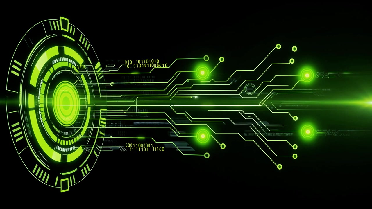 Futuristic Digital Circuit Board with Glowing Green Data Flow