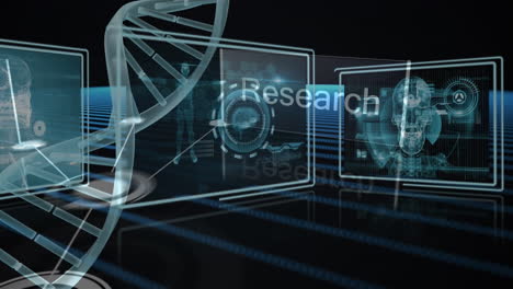 Animation of scientific data on screens, dna and connections over black background
