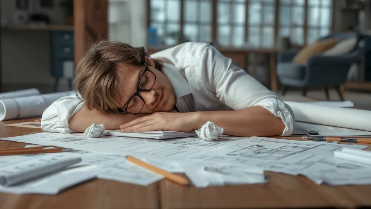 Studying blueprints driving frustrated male wearing tie tearing up then dozing at table with plans