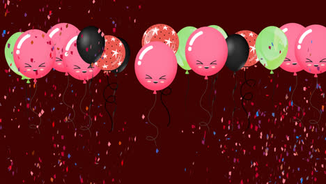 Animation-of-colorful-balloons-flying-and-falling-confetti-over-dark-background
