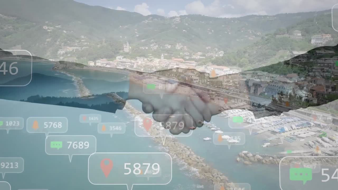 비즈니스맨과 비즈니스맨이 손을 흔들고 있는 중간 섹션 위에 증가하는 숫자를 가진 디지털 아이콘