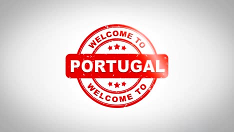 bienvenido a portugal firmado texto de estampado animación de sello de madera. tinta roja en papel blanco limpio fondo de superficie con fondo matte verde incluido.