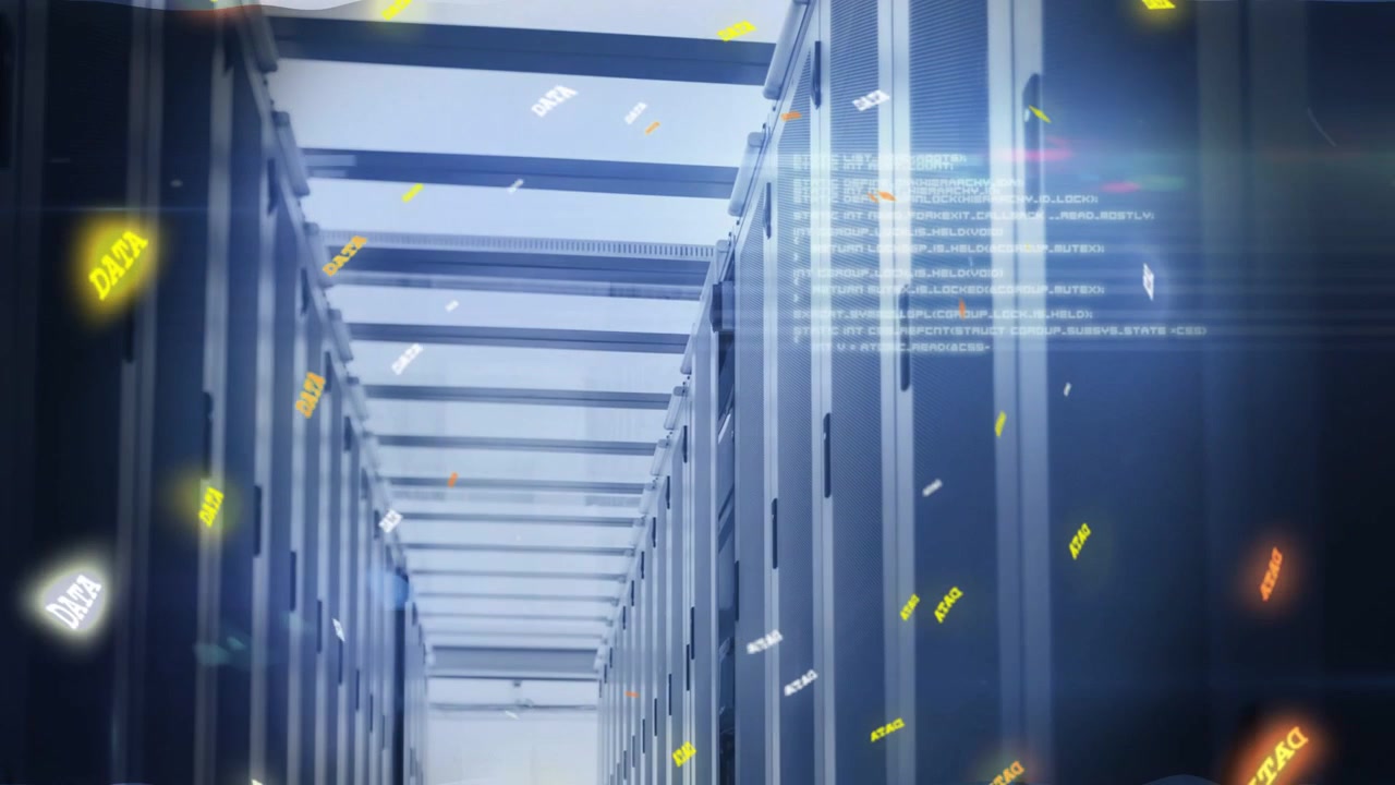 中央のサーバーラック通路が進み、スキャンがDATAトークンを生成し、HUDがラックにオーバーレイ表示されてデータの流れを示している。