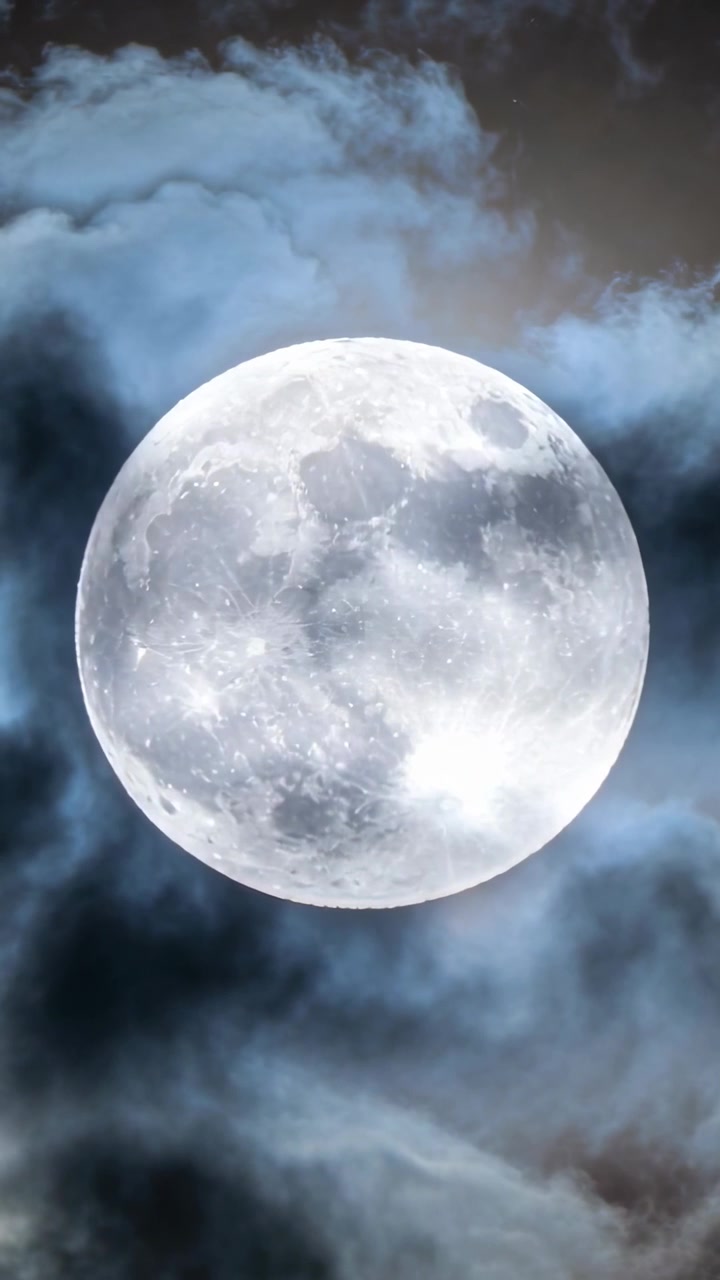 Vertikales Video: Ein leuchtender Vollmond bleibt am Nachthimmel, eine Brise bewegt bläuliche Wolken, die die Scheibe weicher erscheinen lassen.