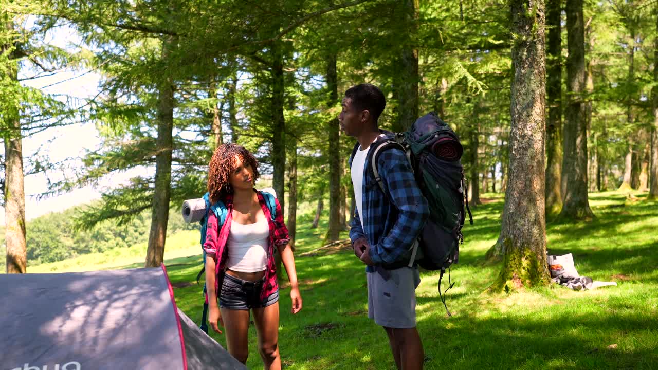 Hikers setting up camp in the forest