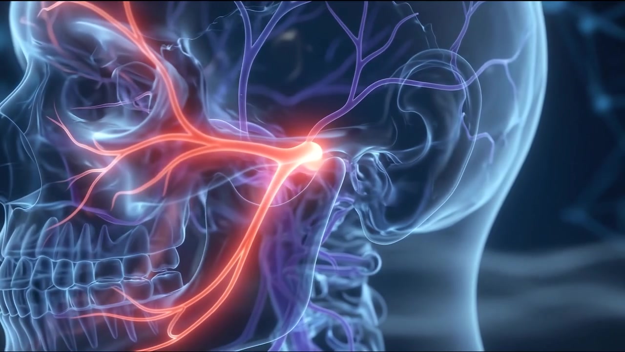 Animazione medica 3D dell'anatomia del nervo trigemino nel cranio umano