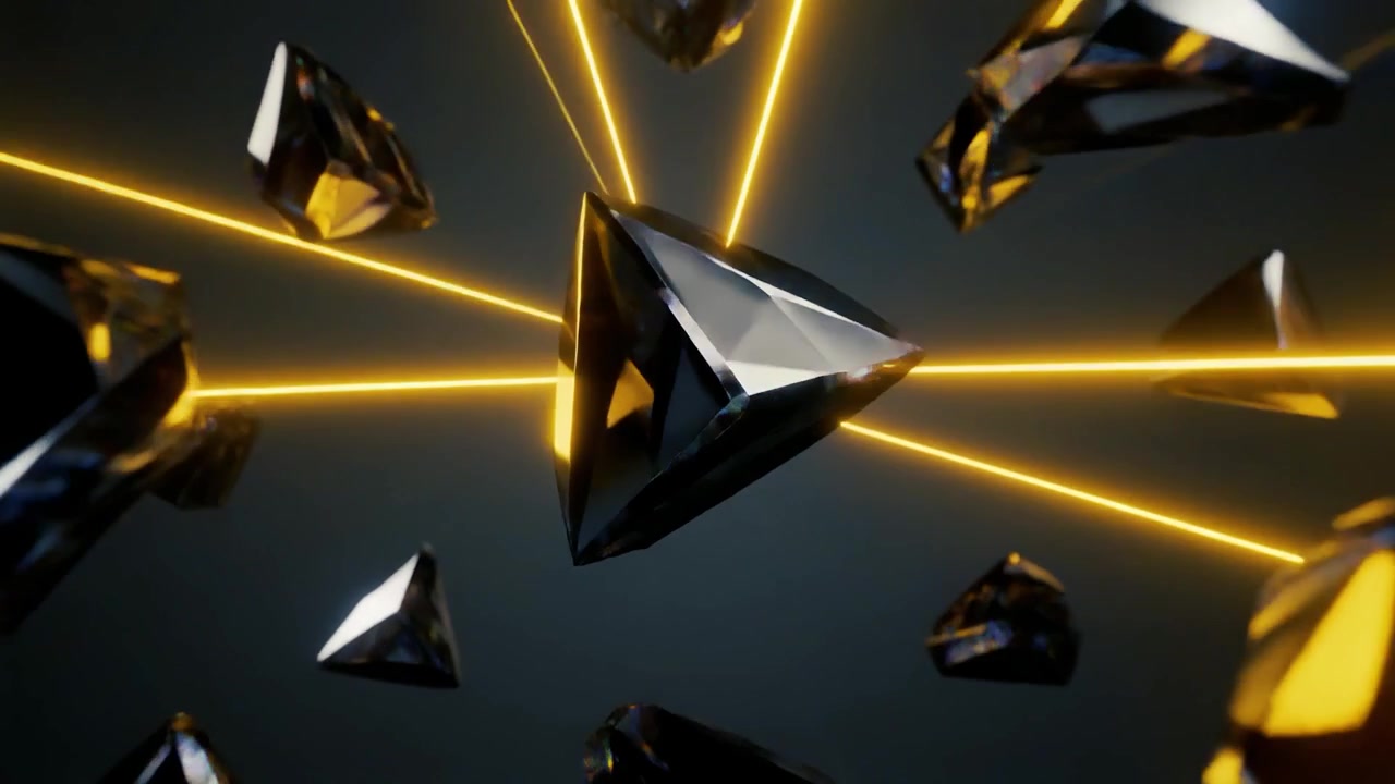Abstract 3D Animation of Floating Black Pyramids with Glowing Yellow Laser Beams