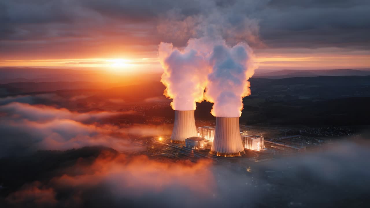 Tramonto spettacolare su una centrale nucleare con vapore che si innalza tra le nuvole, evidenziando la produzione di energia e l'impatto ambientale in immagini mozzafiato.