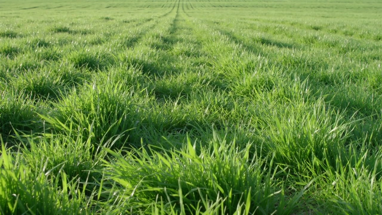 Telecamera bassa che scorre verso l'orizzonte attraverso un campo verde, rivelando ciuffi d'erba, tracce di pneumatici, terreno