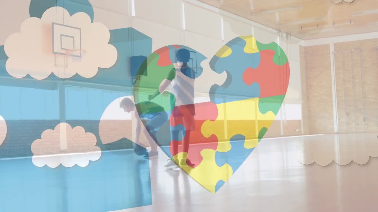 animación de rompecabezas y nubes sobre diversos escolares jugando al baloncesto