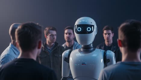 a group of individuals engaged in a thought-provoking interaction with an advanced robot at the center, showcasing the future of human-robot communication and ai technology