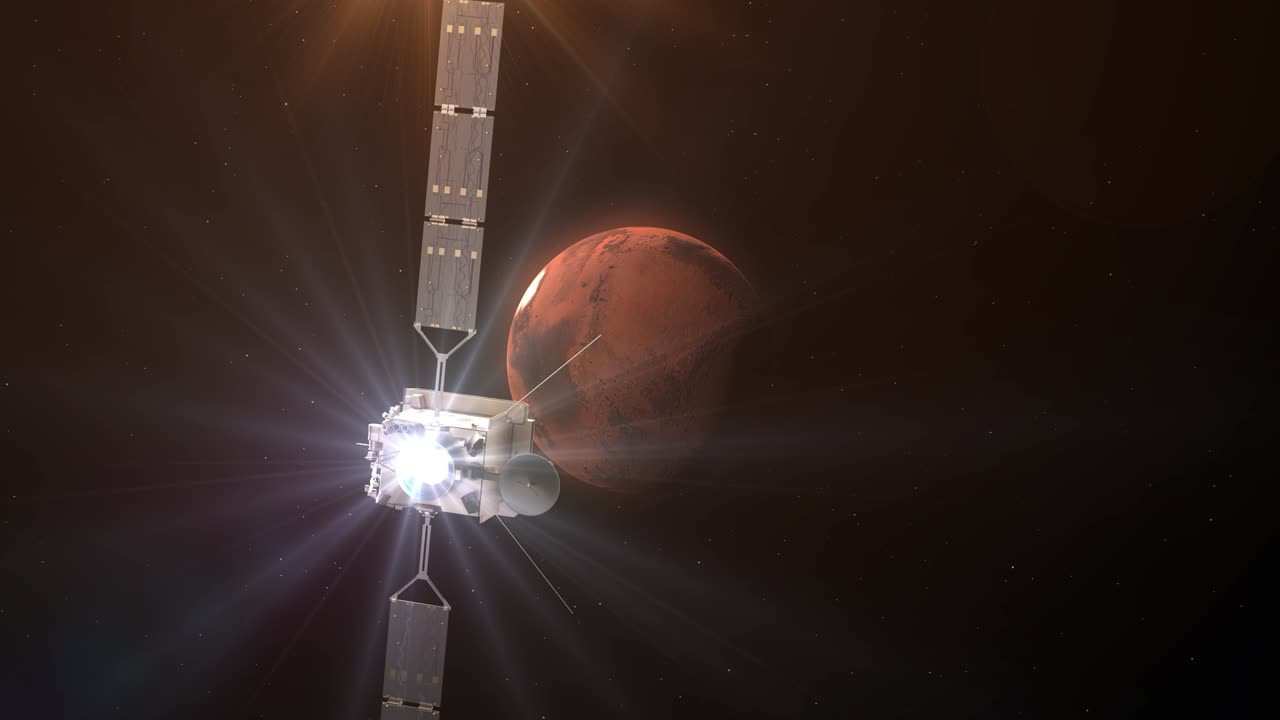 полет космической станции на марс. 3d иллюстрация, 3d рендеринг