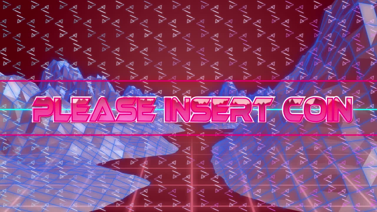 분홍색 텍스트의 애니메이션은 움직이는 모양으로 갈색에 보라색 풍경 위에 동전을  ⁇ 입하십시오.