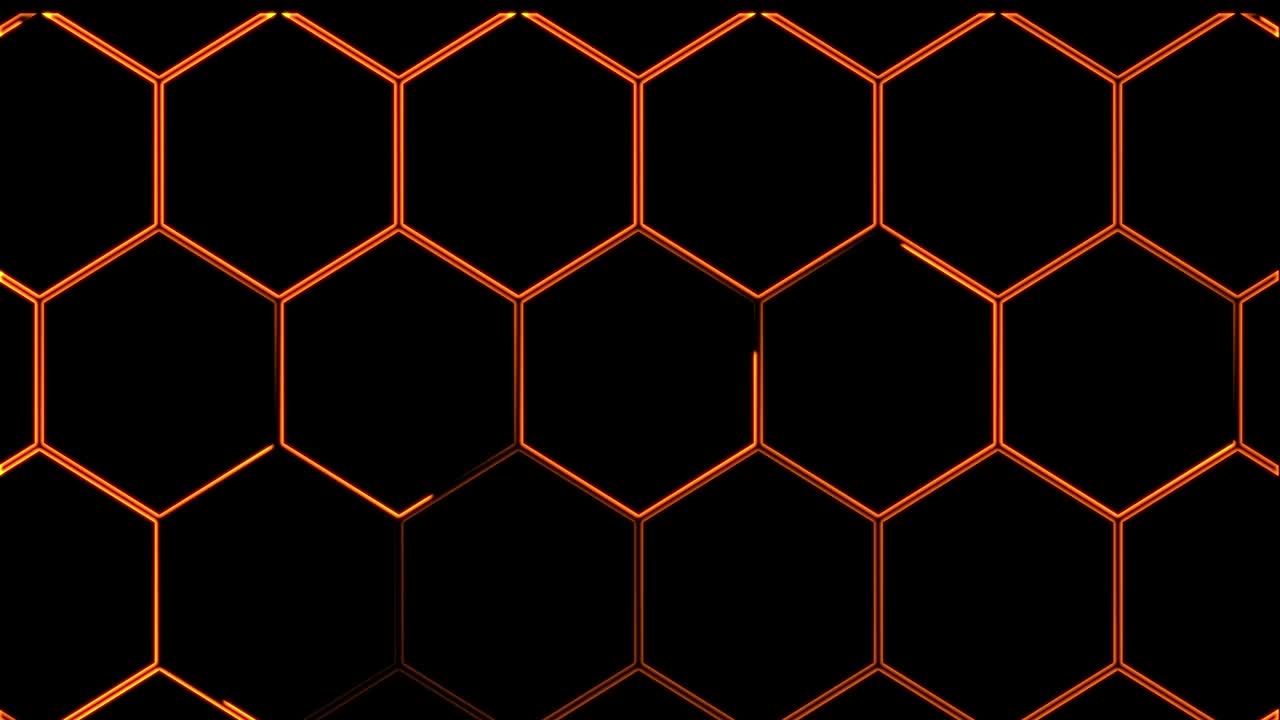 animación de video 4k sin costuras abstract. animación de vídeo de brillo de neón abstracción panal naranja amarillo rojo sobre un fondo negro.
