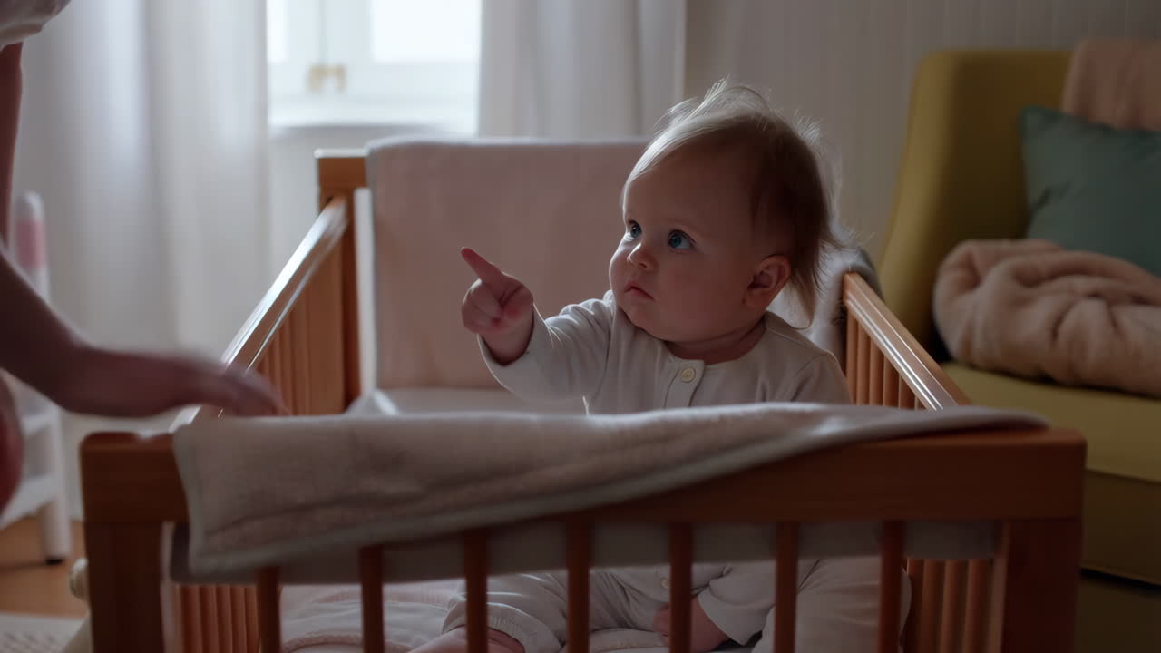 Bambino Adorabile con Coniglio di Peluche nella Culla