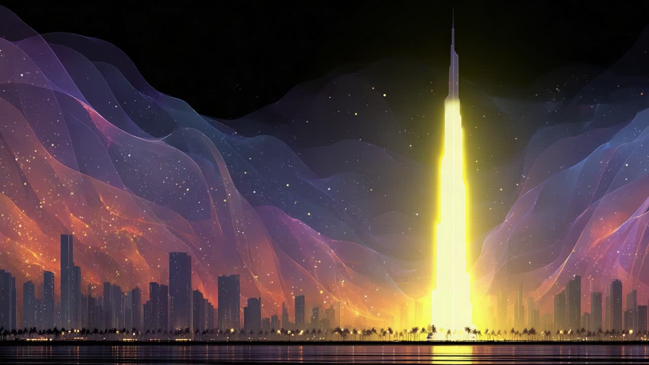 Luminous yellow beam of energy rising from the Dubai skyline against a fantastical night sky with colorful auroras. Futuristic animated cityscape with skyscrapers and vibrant cosmic background