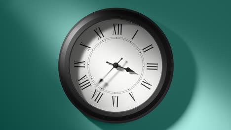 latin clock face on cyan blue aquamarine celadon sea-green wall in time lapse