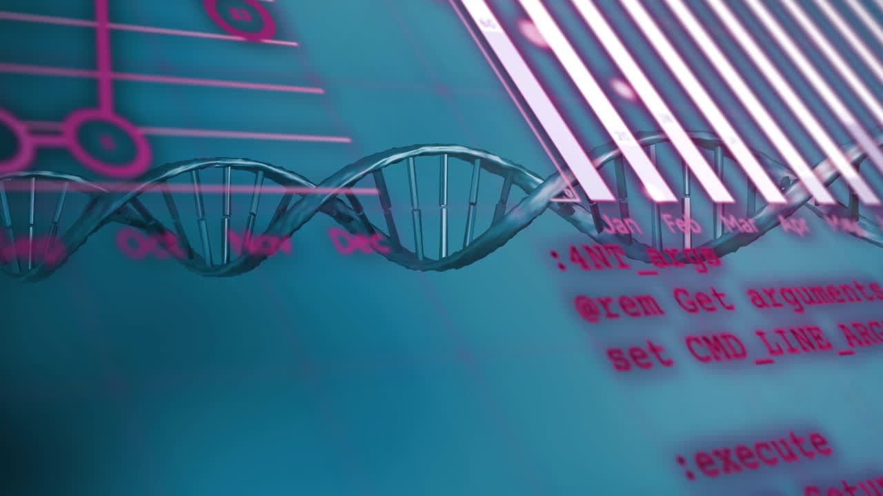 Animation of data processing over dna strand on blue background