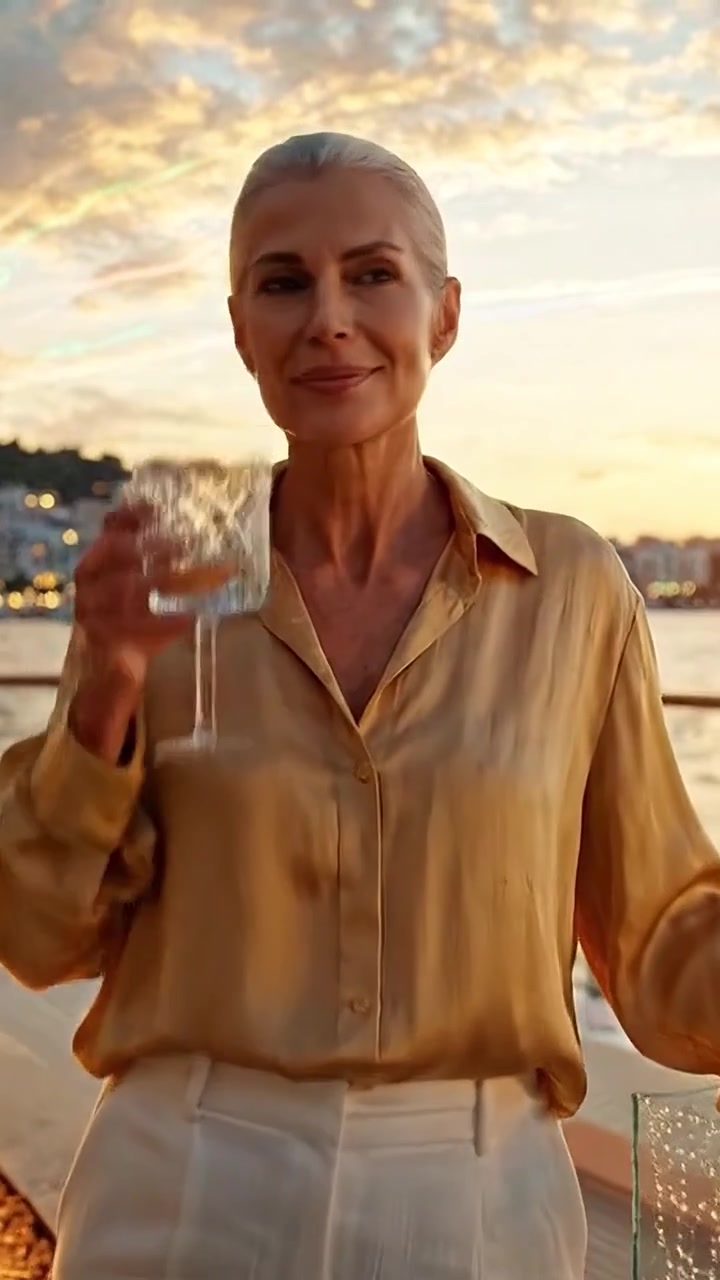 Donna elegante che si gode un tramonto su uno yacht di lusso, con un drink in mano e che emana sicurezza, circondata da acque serene e viste mozzafiato dell'orizzonte.