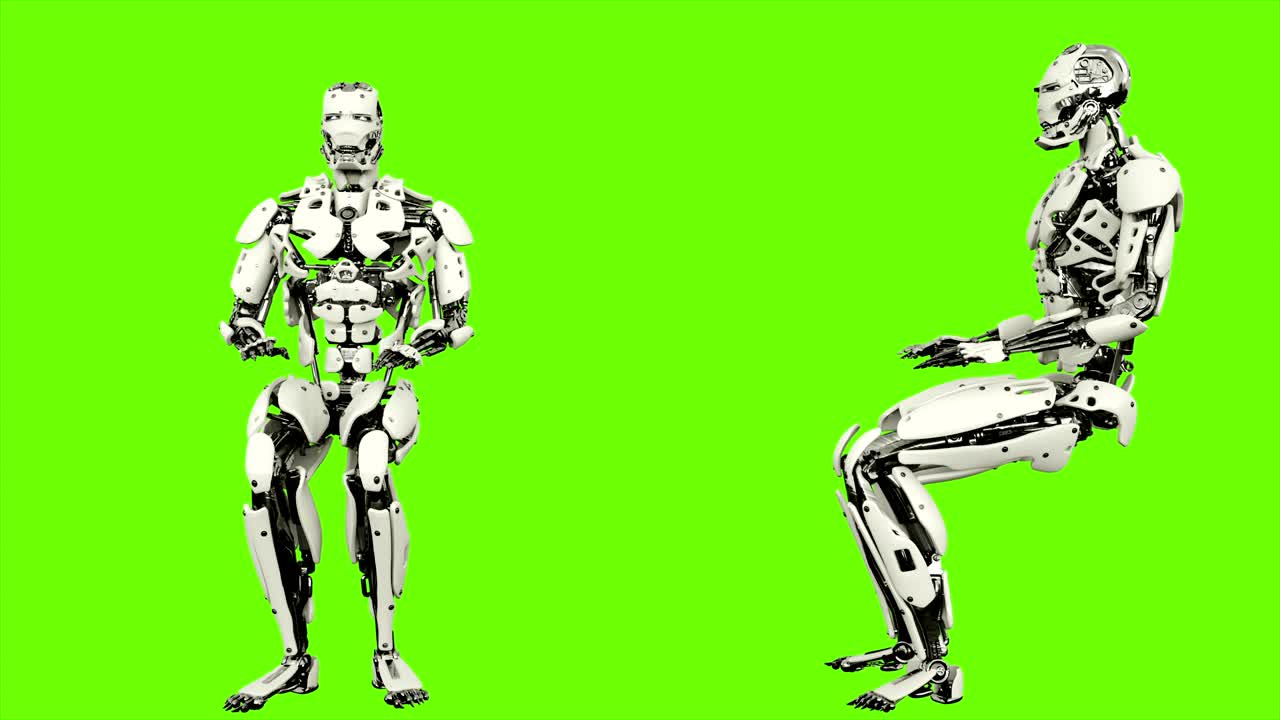Robot android is asking question. Realistic looped motion on green screen background. 4K