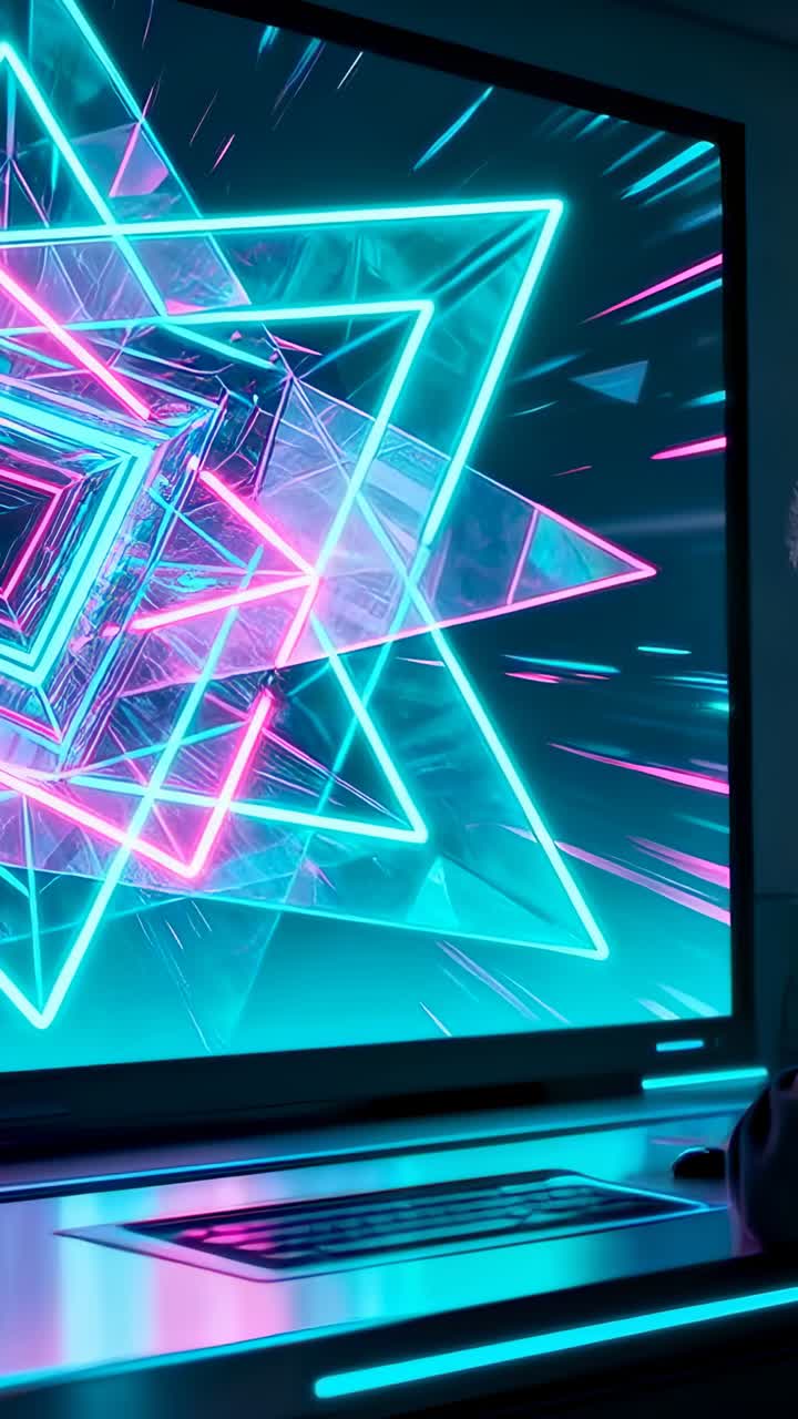 Video verticale: animazione in riproduzione che mostra un tunnel pulsante su un monitor presso una presa d'aria della scrivania, LED per l'atmosfera
