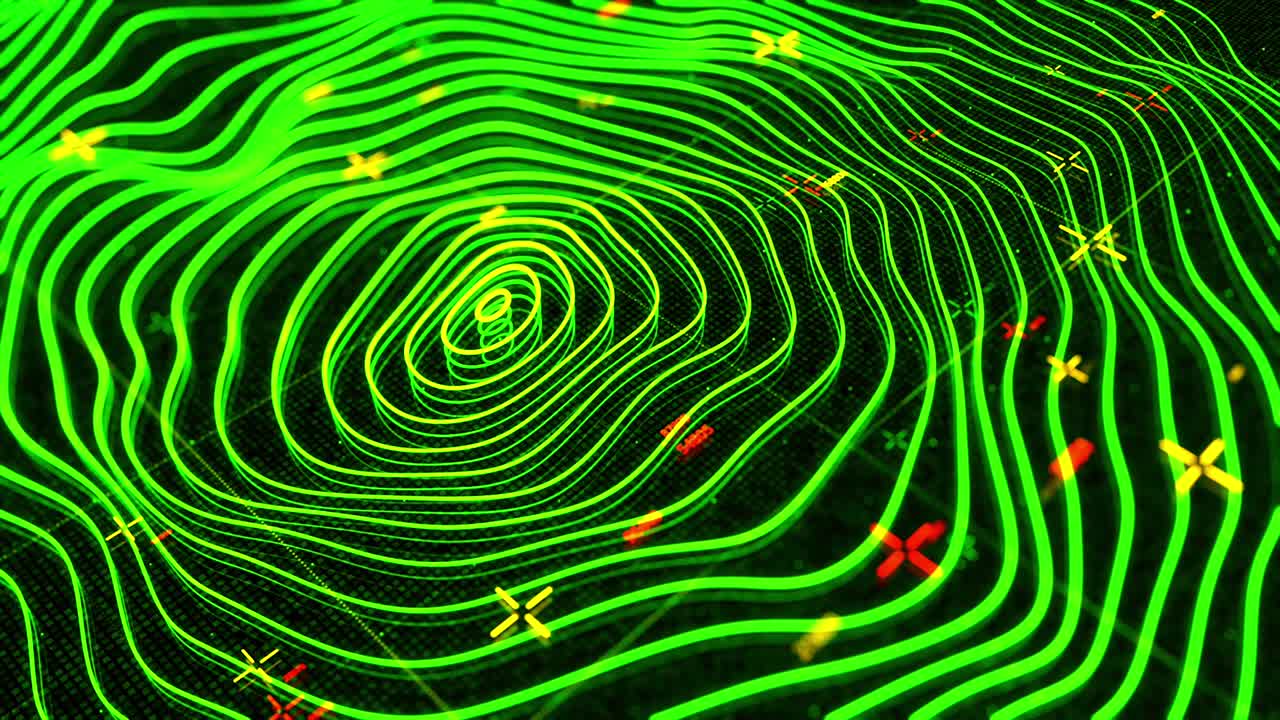 anillos verdes concéntricos que se mueven en el fondo de la pantalla negra. animación. programa de radar o sonar abstracto, textura de neón ondulada, bucle sin costuras.