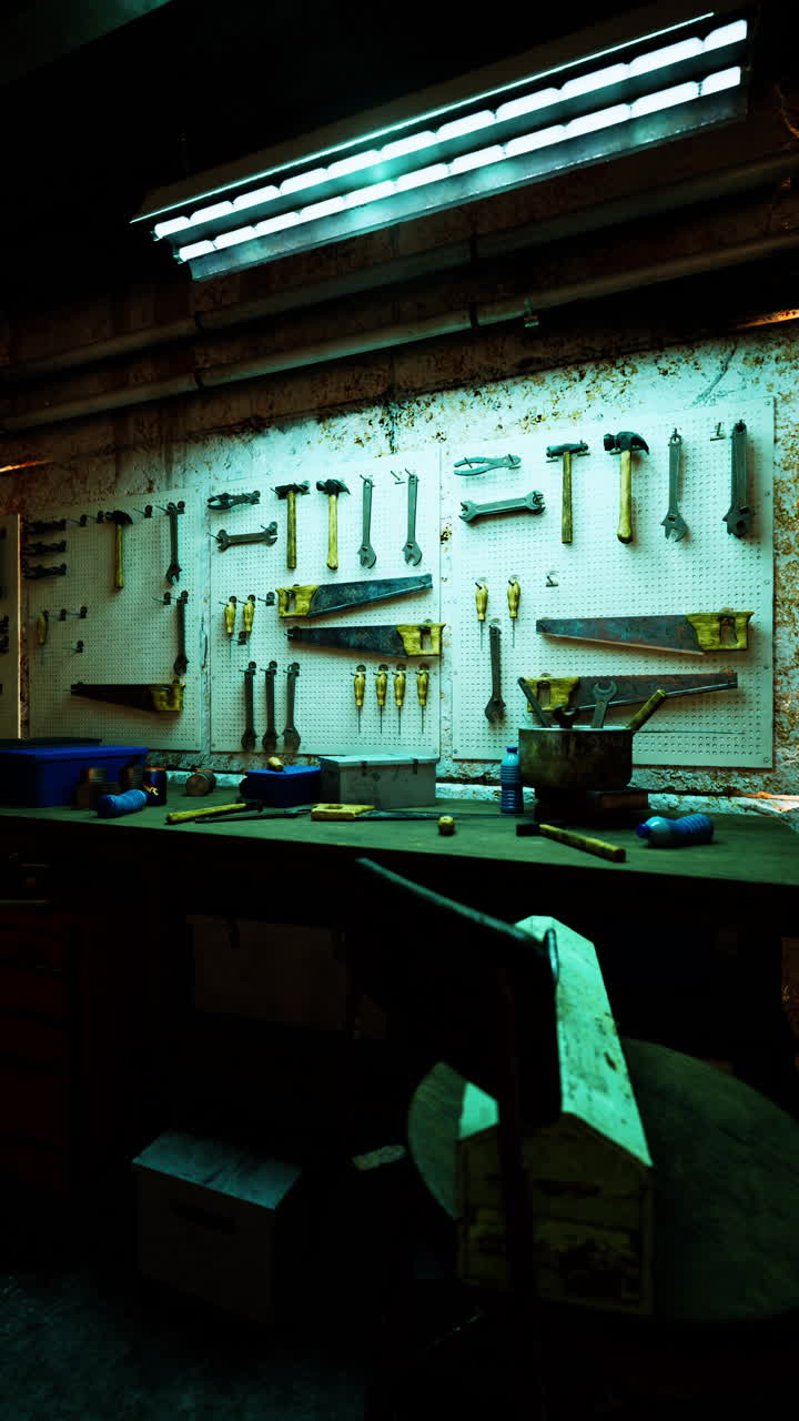 A workshop with tools on the wall and work bench