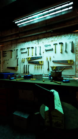 a workshop with tools on the wall and work bench