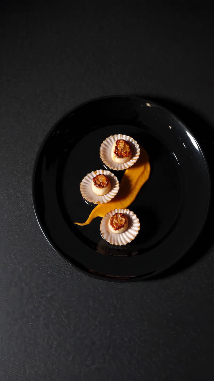 Seared Scallops with Orange Puree on a Black Plate