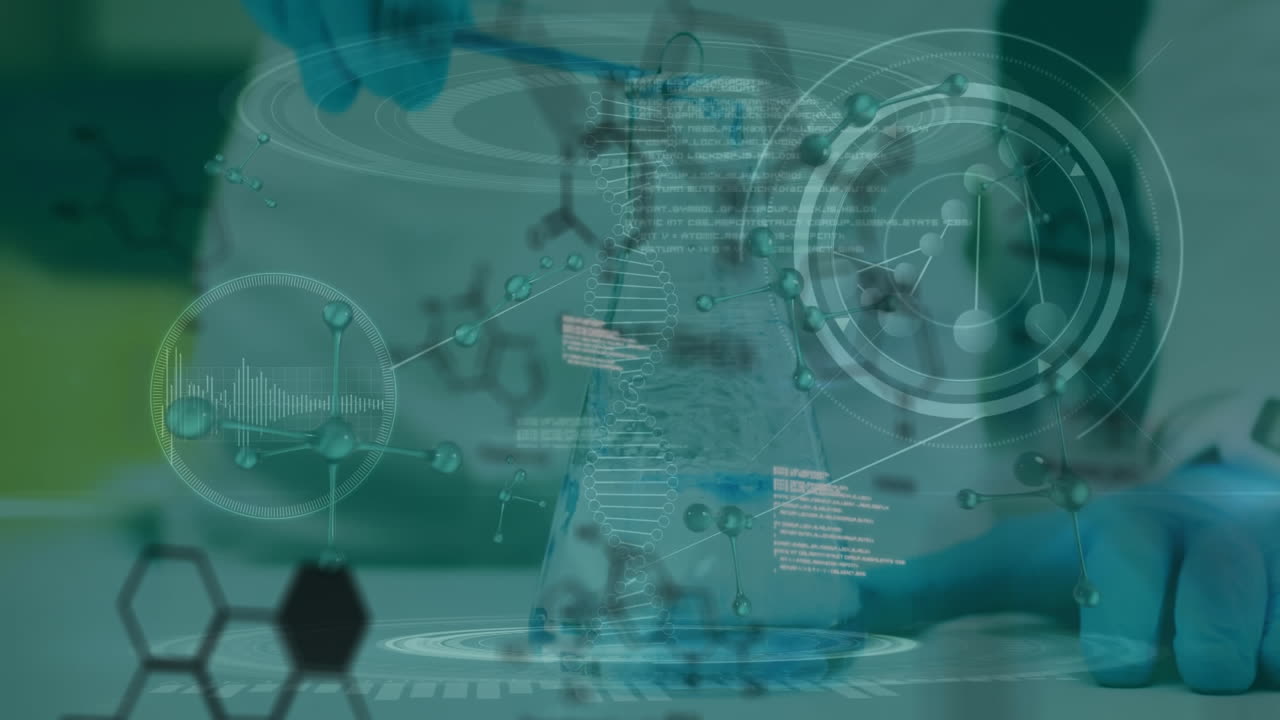 animación de estructuras químicas sobre la sección media de un científico vertiendo un producto químico en un frasco.