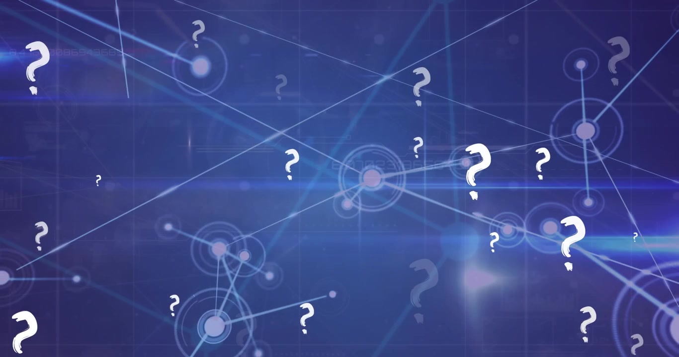Animazione di icone a punto interrogativo su una rete di connessioni su sfondo blu