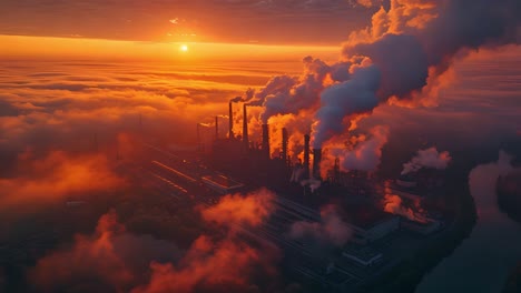industrial complex emitting plumes of smoke at sunset or sunrise