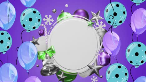 animación de globos y decoraciones navideñas sobre un círculo con espacio de copia sobre un fondo púrpura