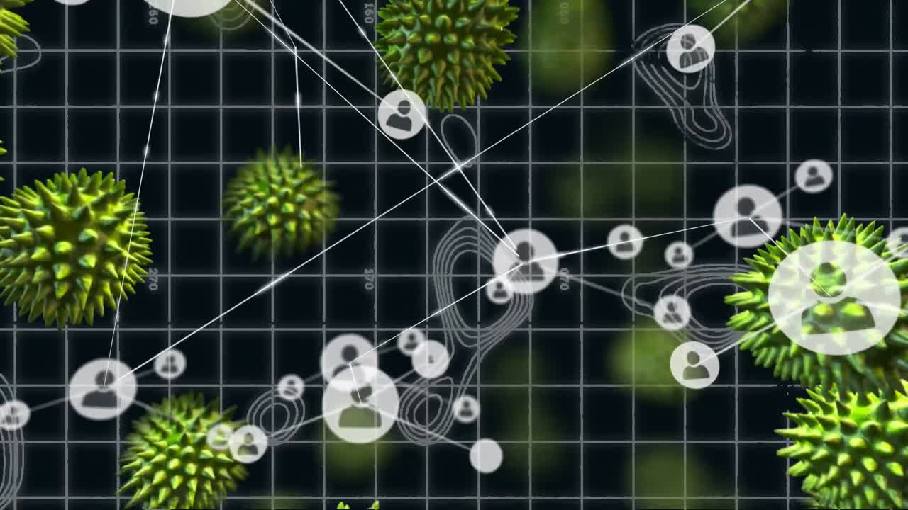 animación de células de macro coronavirus covid-19 que se propagan a través de conexiones de red