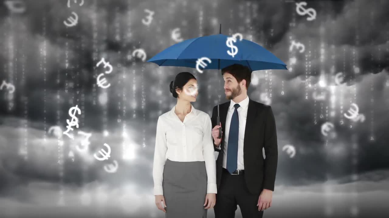 우산을 들고 있는 사업가 와 사업가 의 복합 이미지