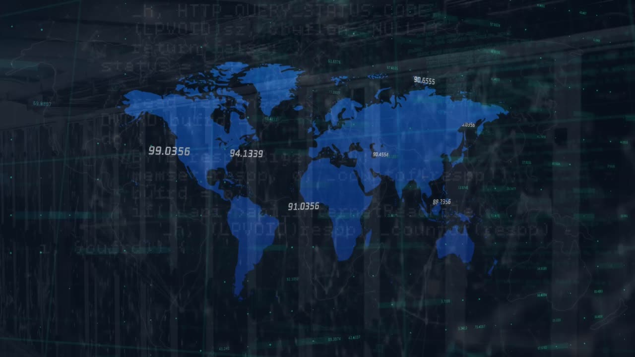 Animation of financial data processing over world map against empty computer server room