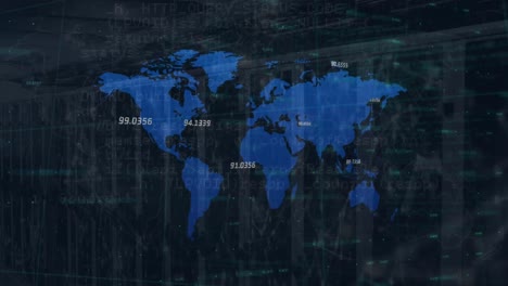 animación del procesamiento de datos financieros sobre el mapa del mundo contra una sala de servidores de computadora vacía