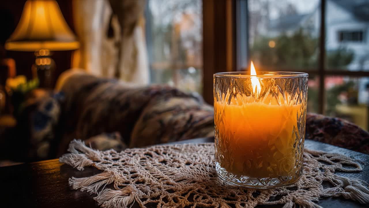 En mysig vardagsrumsscen med ett flimrande ljus på en spetsduk, som perfekt fångar värmen och den behagliga atmosfären av inomhusavkoppling och hemtrevnad.