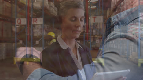 animation of financial graphs over caucasian female warehouse worker