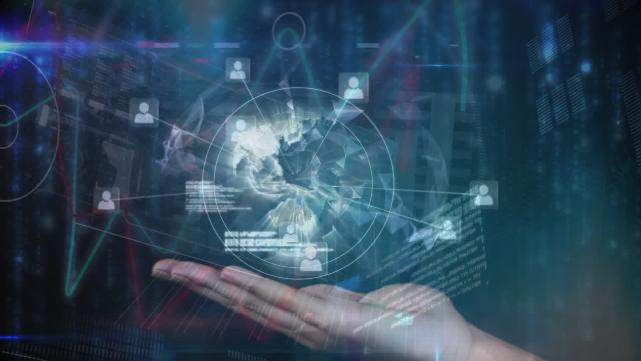 animación de un globo en mano con una red de conexiones y procesamiento de datos sobre fondo negro