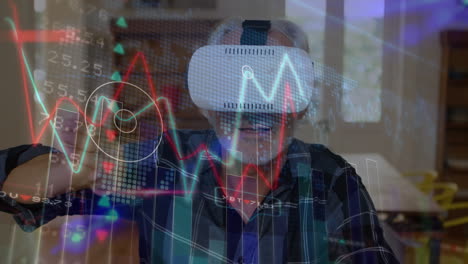 animación de la red de conexiones y estadísticas sobre el hombre caucásico que usa auriculares vr