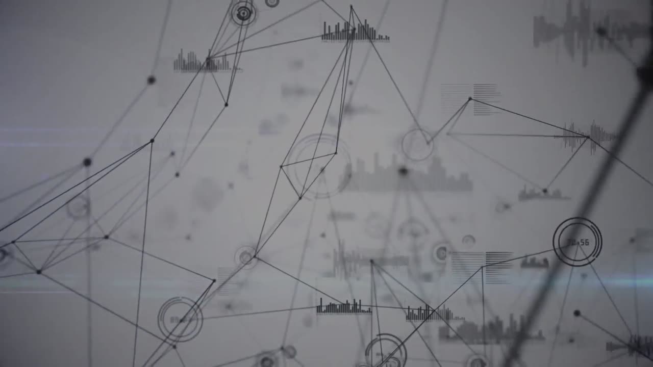 Animation of network of connections with data processing on grey background